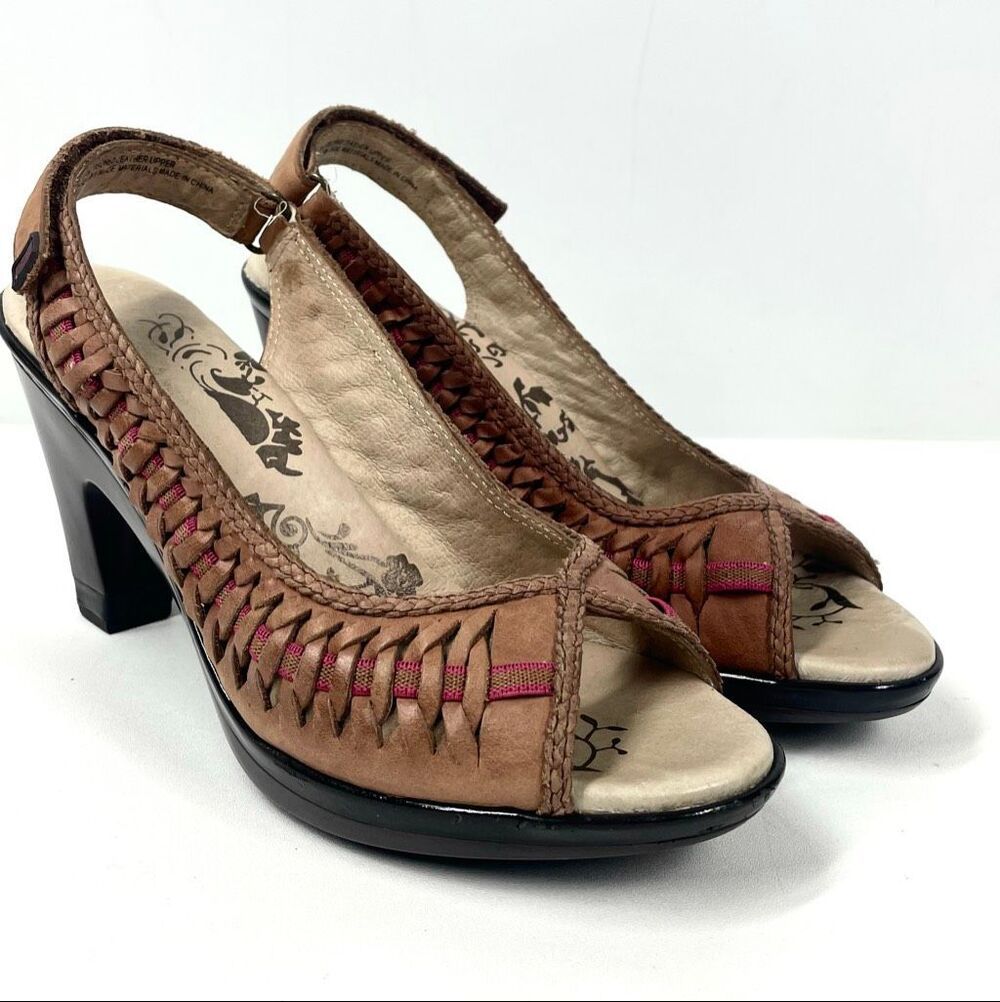 Jambu Sonya Brown Pink Woven Leather Slingback Heels Sandals Women 7M
